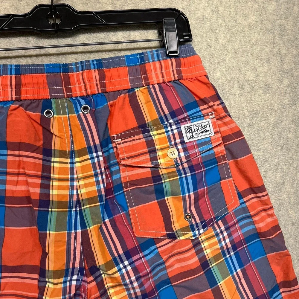 Polo Ralph Lauren Mens Swim Trunks Multicolor Plaid Drawstring Pony Logo Beach S